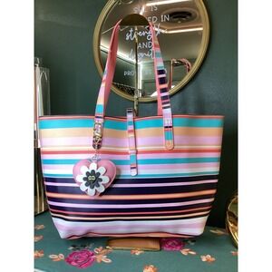 Cute Tote Bag OS Multi Color Excellent Striped with Heart Charm
